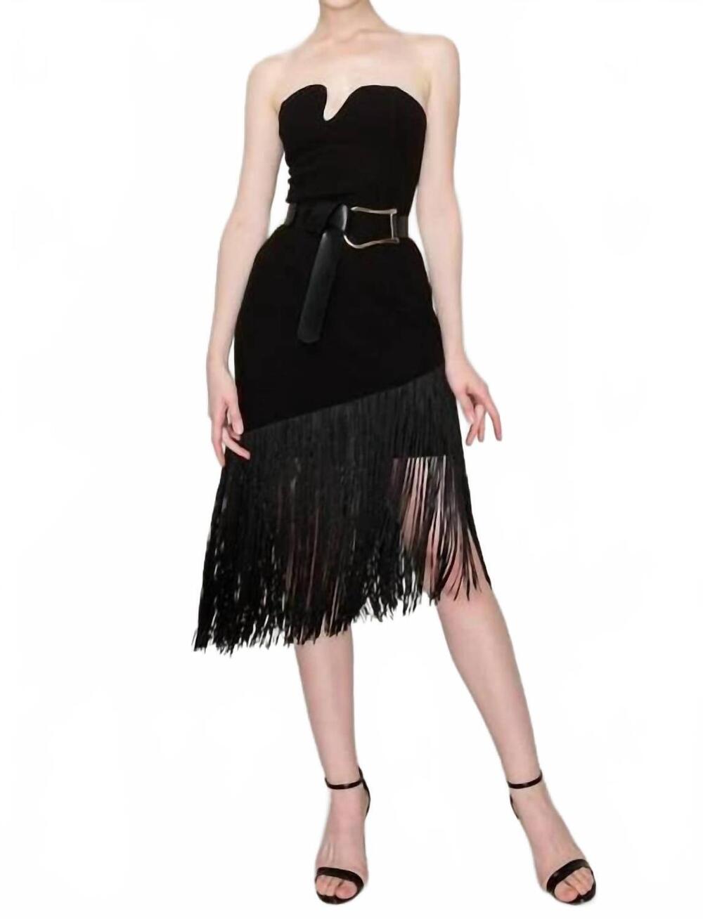 NEW INA FASHION belted sleeveless fringe trim midi dress in black
